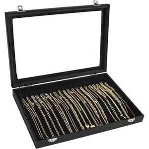 Velvet Necklace Organizer Box with Glass Lid 20 Hooks Jewelry Storage Tray